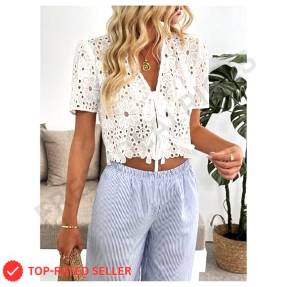 Boho Floral Lace V Neck Crop Top Tie Front Short Sleeve Blouse Chic - Picture 2 of 5